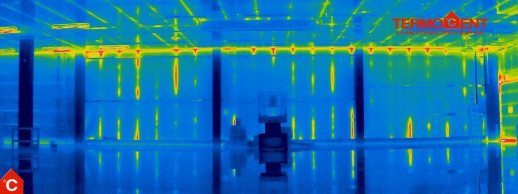 Thermal imaging survey of a cold storage facility showing multiple air leaks.