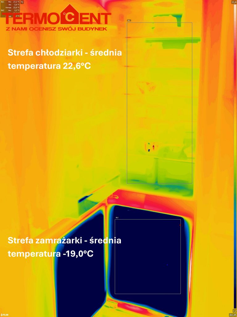 Termogram - Strefa chłodziarki - średnia temperatura 22,6°C; Strefa zamrażarki - średnia temperatura -19,0°C